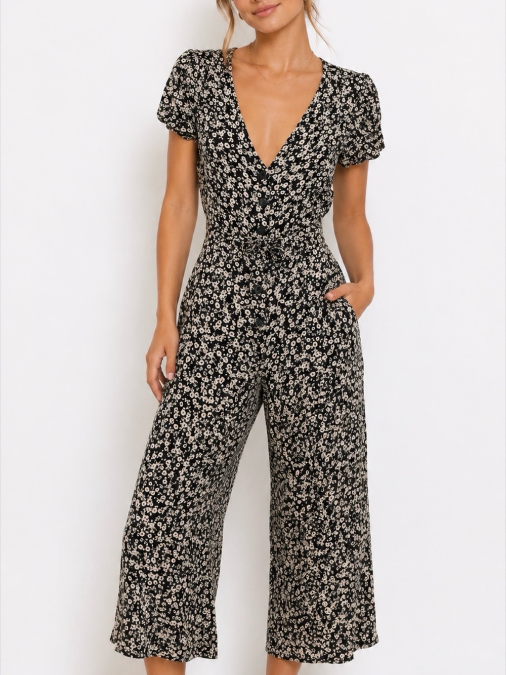 Free People Black Floral Wrap Jumpsuit